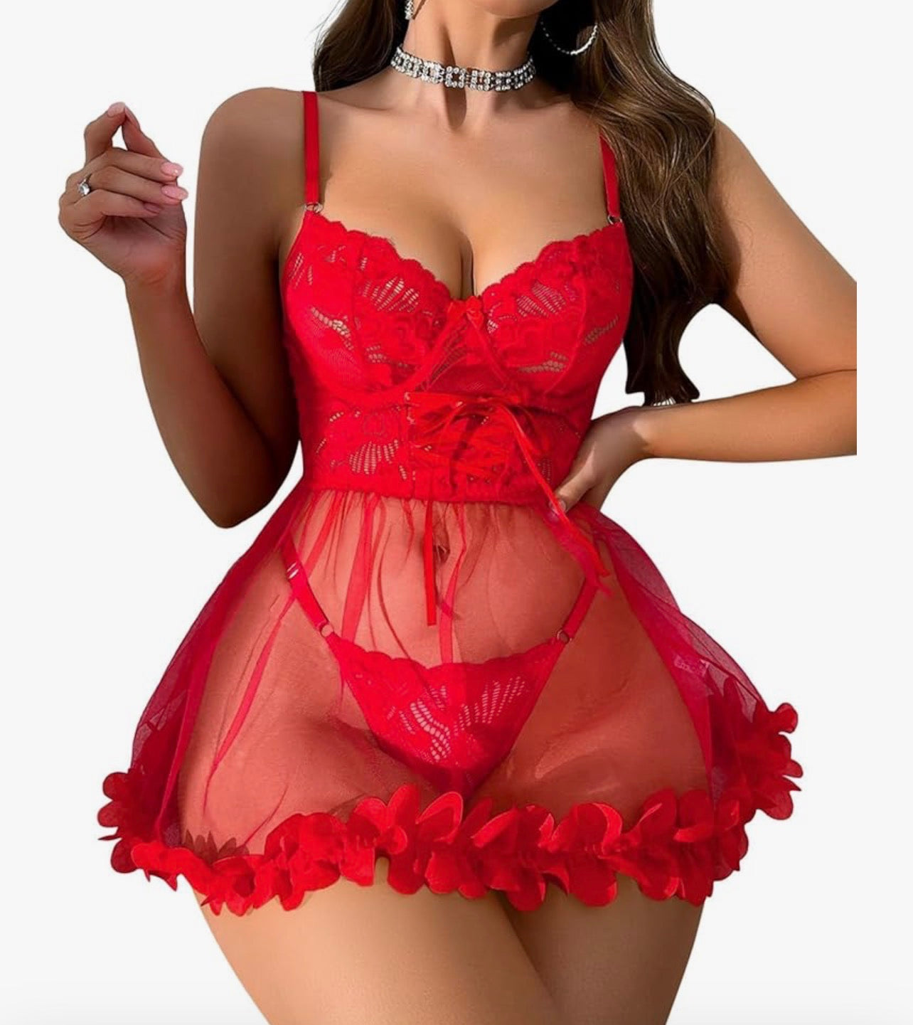 Sexy Ruffle Floral Skirt Underwire Mesh Sheer Lace
